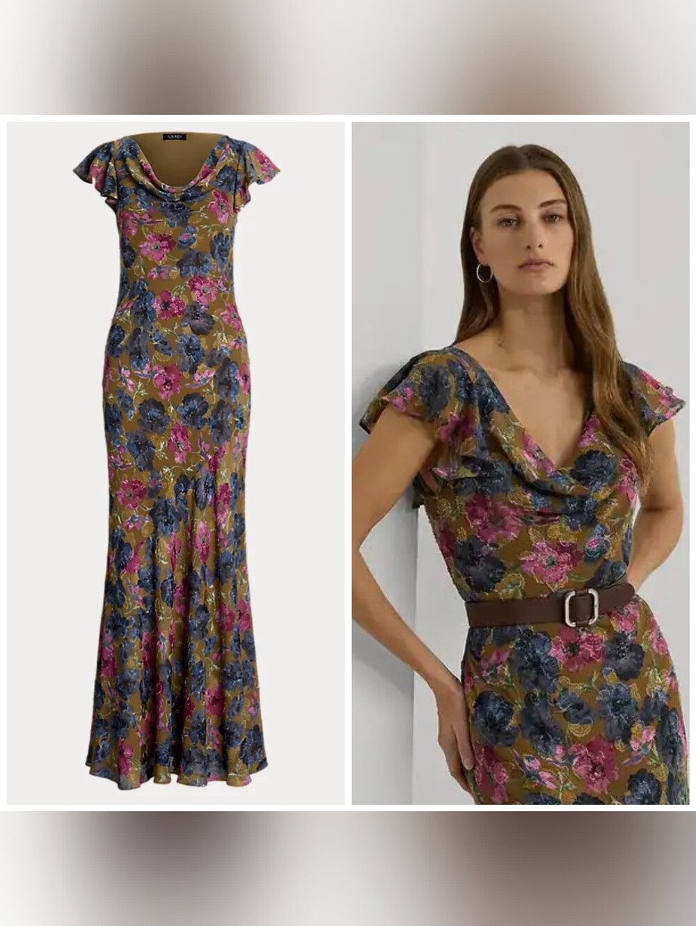 Lauren Ralph Lauren Floral Foiled Jacquard Cowlneck Gown, Size 10, Maxi Dress